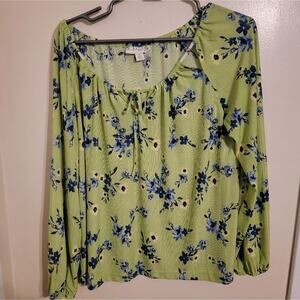 Women's Emaline Petite Green Long sleeve Tye Blue Flower Blouse Sz Petite Medium